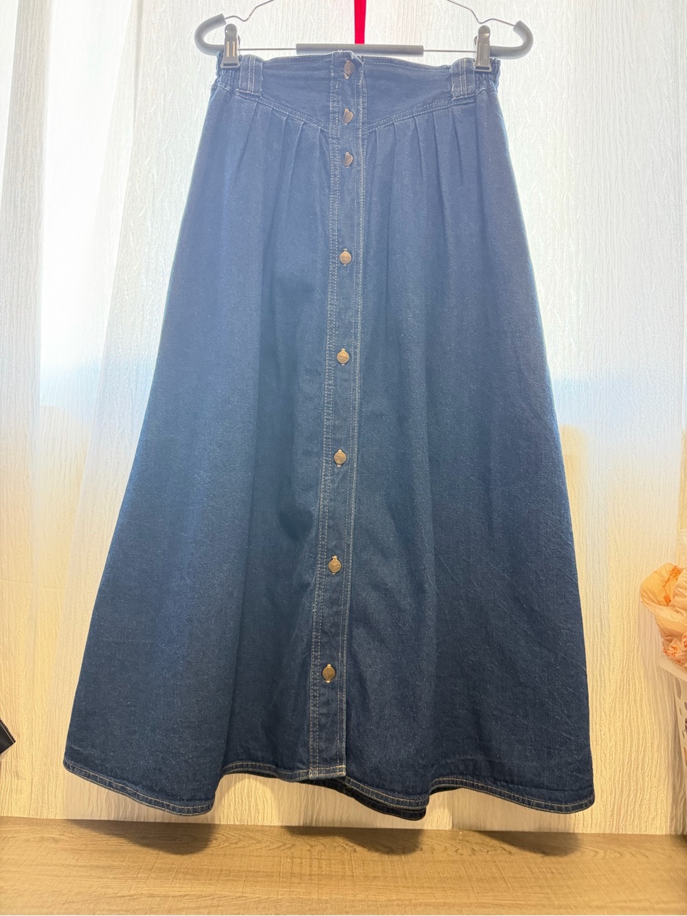 Button-Front Dark Blue Denim High-Low Skirt